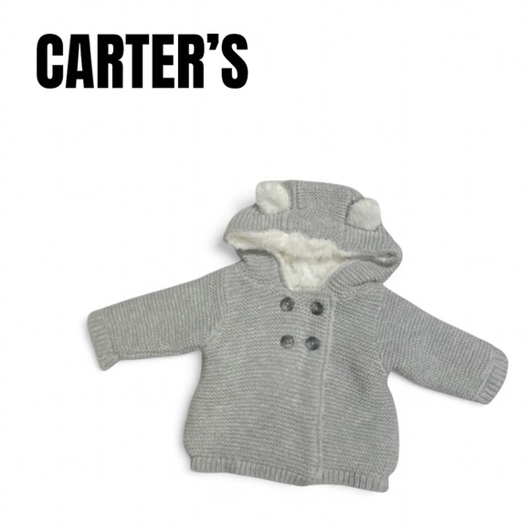 004 Carter's Newborn Baby Gray Knit Sherpa Jacket - Picture 1 of 5
